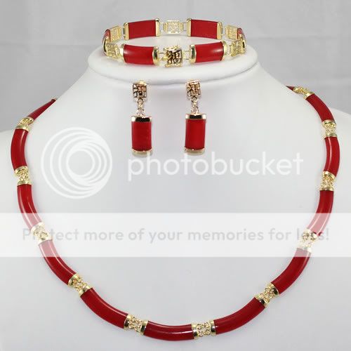 Noblest  Red Ruby Link Necklace Bracelet earring Set  